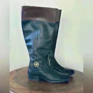 Michael Kors‎ Harland Knee High Boots Riding Black Mocha MK Logo 8.5